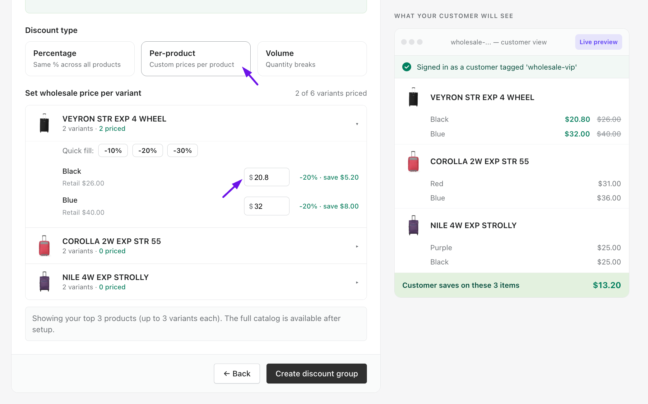 Step 2 — Per-product pricing with quick-fill buttons and per-variant price fields