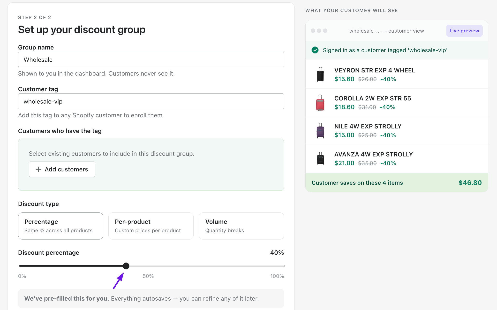 Step 2 — Percentage discount type with a percentage slider and live preview