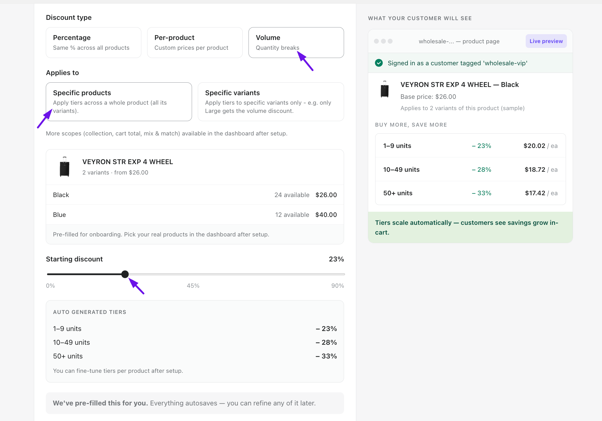 Step 2 — Volume/tiered discount with auto-generated quantity tiers and preview