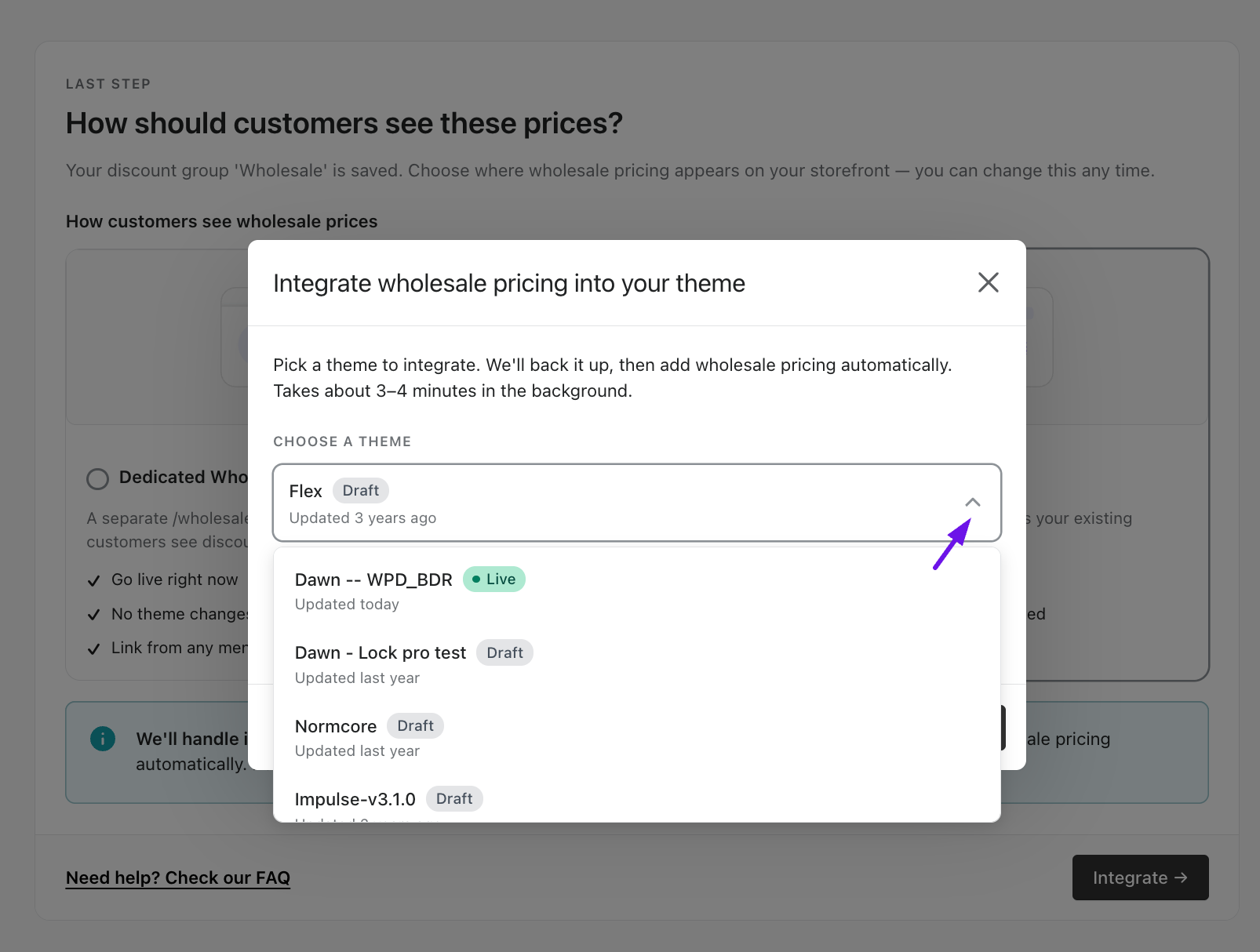 Integrate modal — choose a theme to integrate, with automatic backup