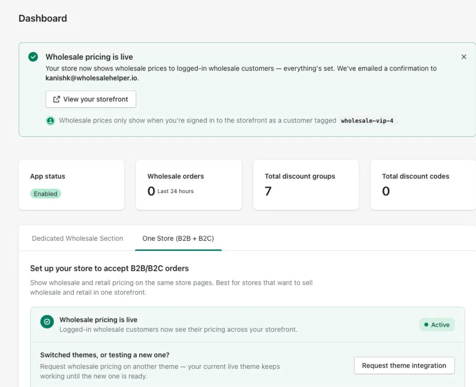 Dashboard showing wholesale pricing is live with key stats and setup tabs